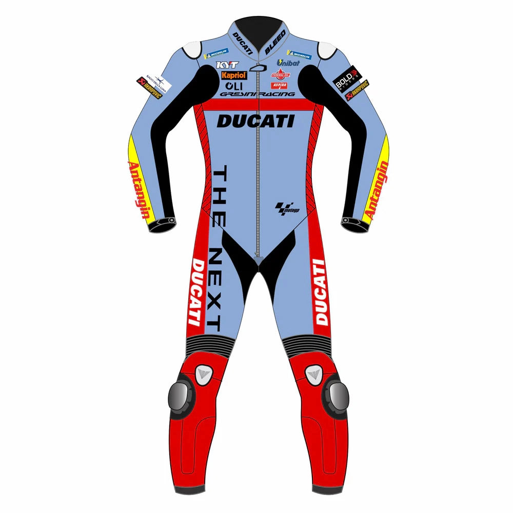 2022 Enea Bastianini MotoGP leather racing suit front view powder blue red Gresini Ducati graphics