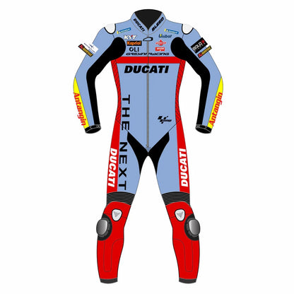 2022 Enea Bastianini MotoGP leather racing suit front view powder blue red Gresini Ducati graphics