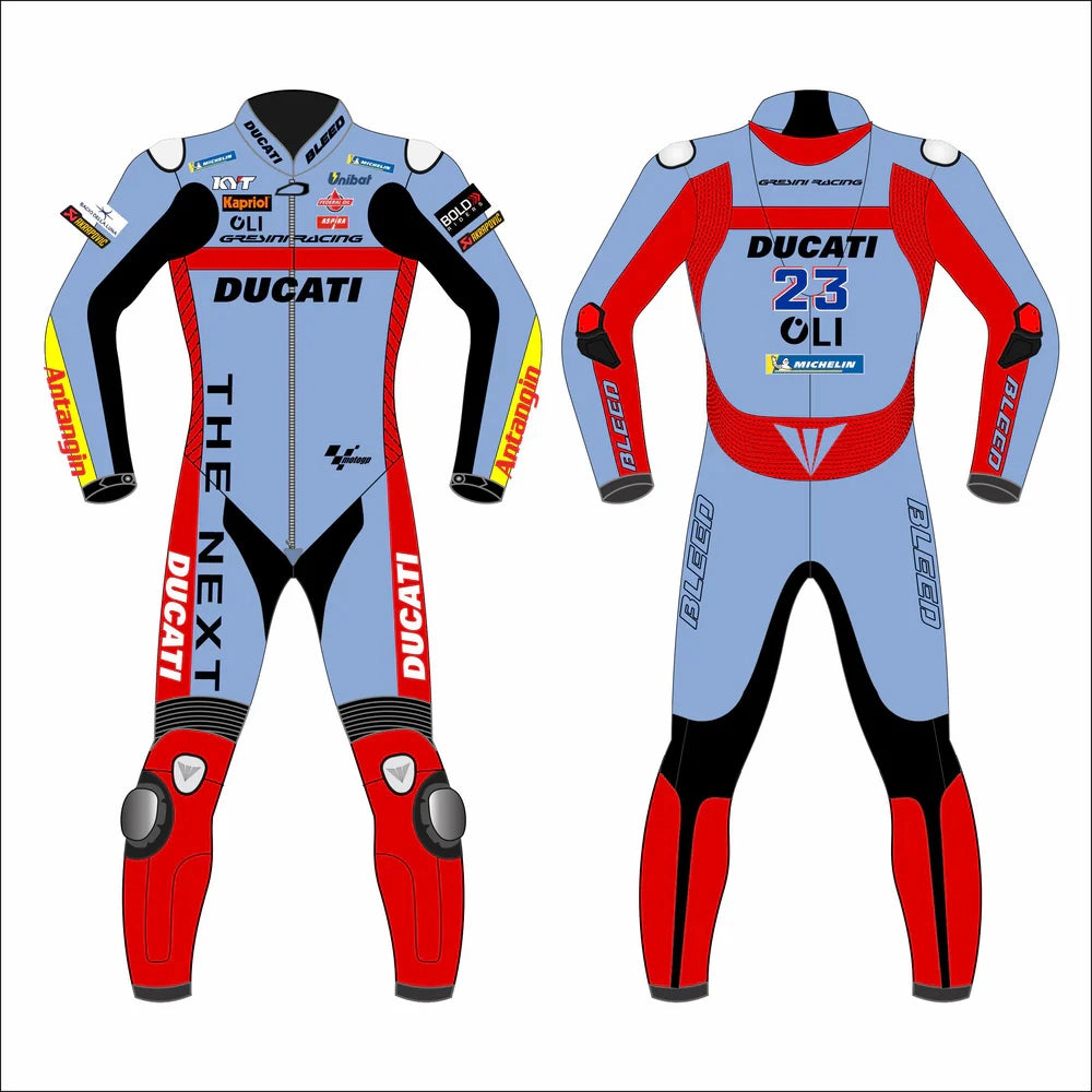 2022 Enea Bastianini MotoGP leather racing suit front view powder blue red Gresini Ducati graphics