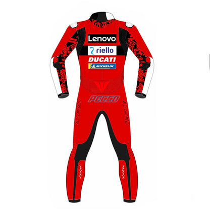 2022 Francesco Bagnaia MotoGP leather racing suit front view factory red Ducati Lenovo graphics