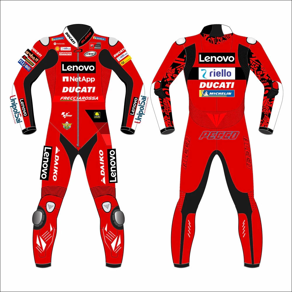 2022 Francesco Bagnaia MotoGP leather racing suit front view factory red Ducati Lenovo graphics