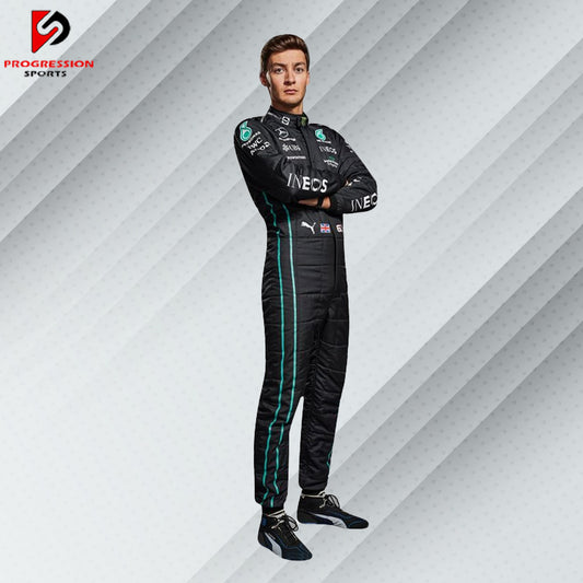 2022 George Russell Mercedes F1 race suit in black with Petronas, AMG, Tommy Hilfiger, and Mercedes-Benz sponsor logos

