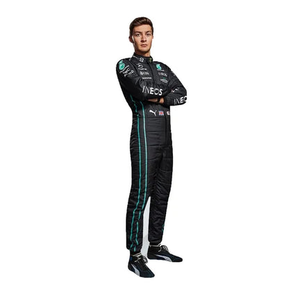 2025 George Russell Mercedes F1 Race Suit Kit including black karting suit, team t-shirt, and race balaclava