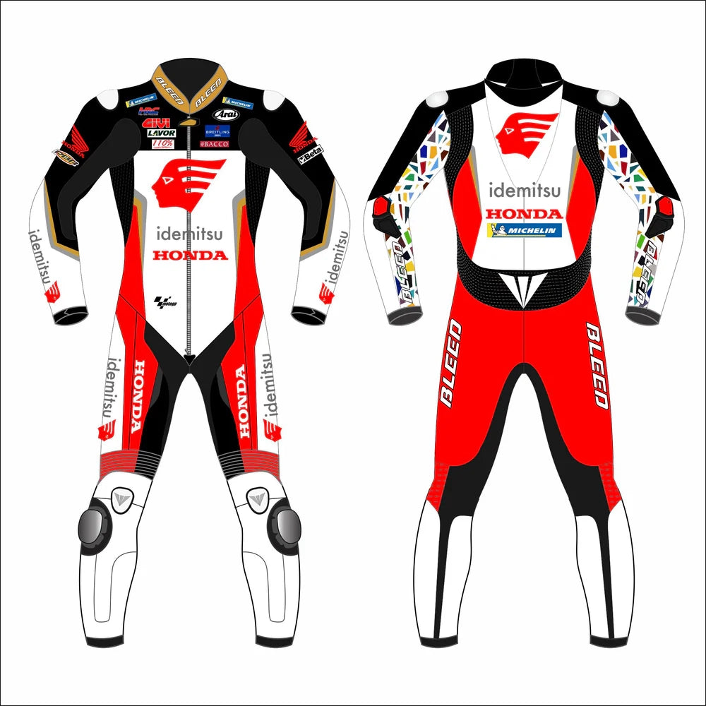 2022 Honda Idemitsu LCR MotoGP leather racing suit front view white red black graphics