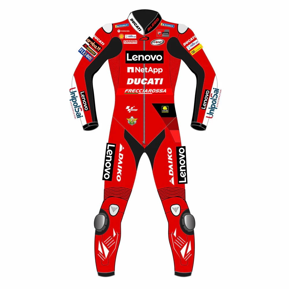 2022 Jack Miller MotoGP leather racing suit front view factory red Ducati Lenovo graphics