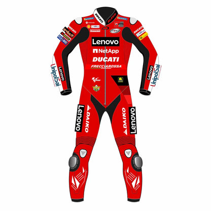 2022 Jack Miller MotoGP leather racing suit front view factory red Ducati Lenovo graphics