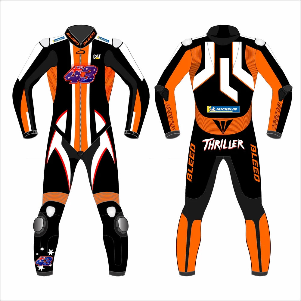 2022 Jack Miller MotoGP leather racing suit front view KTM Winter Test orange black graphics number 43