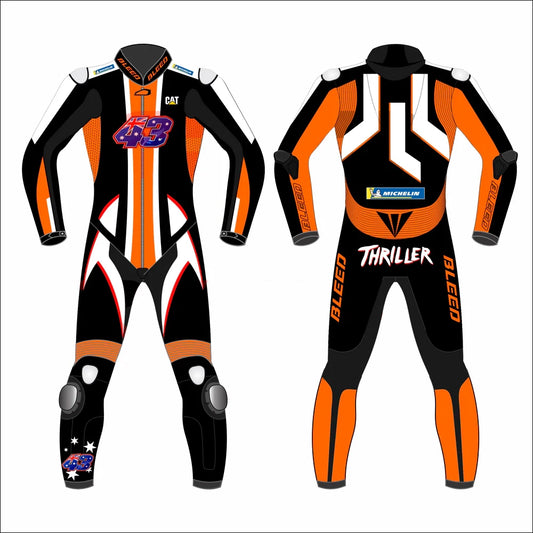 2022 Jack Miller MotoGP leather racing suit front view KTM Winter Test orange black graphics number 43