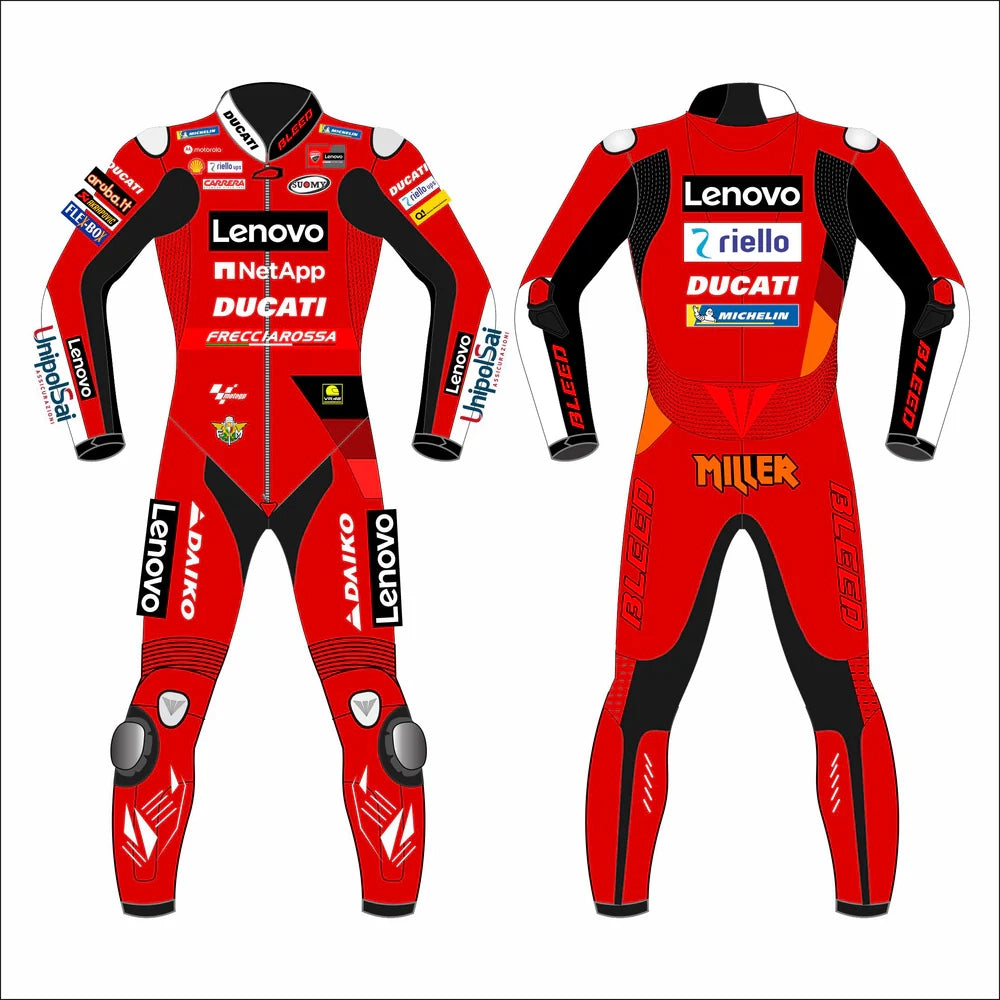 2022 Jack Miller MotoGP leather racing suit front view factory red Ducati Lenovo graphics