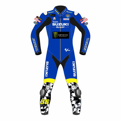 2022 Joan Mir MotoGP leather racing suit front view blue Suzuki Ecstar graphics number 36 camo details