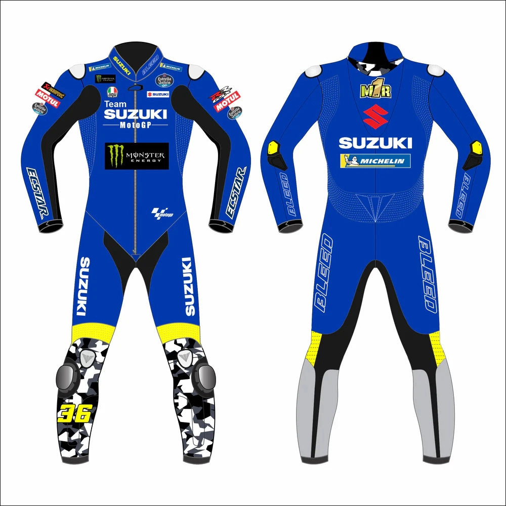 2022 Joan Mir MotoGP leather racing suit front view blue Suzuki Ecstar graphics number 36 camo details