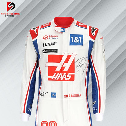 2022 Kevin Magnussen Haas F1 race suit in white with red and black detailing and official team sponsor logos

