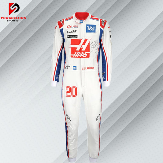 2022 Kevin Magnussen Haas F1 race suit in white with red and black detailing and official team sponsor logos

