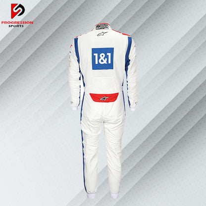 2022 Kevin Magnussen Haas F1 race suit in white with red and black detailing and official team sponsor logos


