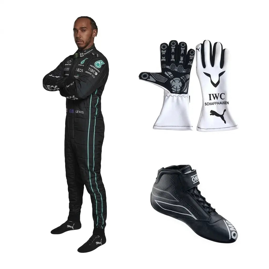 Mercedes AMG Lewis Hamilton F1 Race Suit Package including black karting suit, white driver gloves, and black racing boots