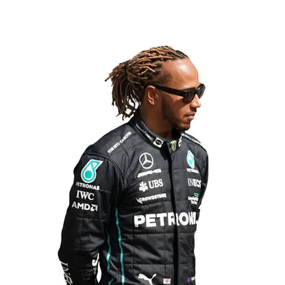 Mercedes AMG Lewis Hamilton F1 Race Suit Package including black karting suit, white driver gloves, and black racing boots