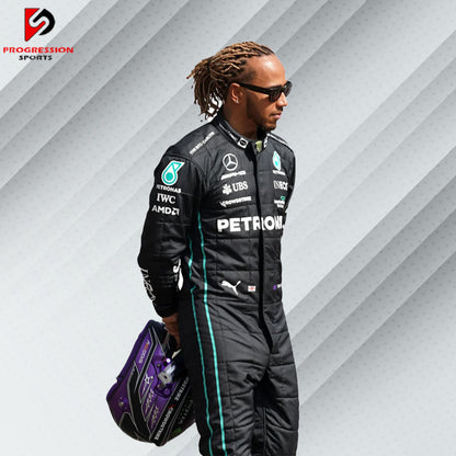 2022 Lewis Hamilton Mercedes F1 race suit in black with Petronas, Tommy Hilfiger, AMG, and Mercedes-Benz sponsor logos

