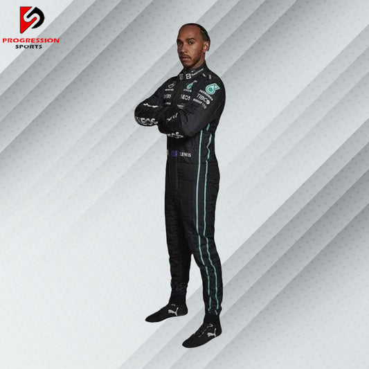 2022 Lewis Hamilton Mercedes F1 race suit in black with Petronas, Tommy Hilfiger, AMG, and Mercedes-Benz sponsor logos

