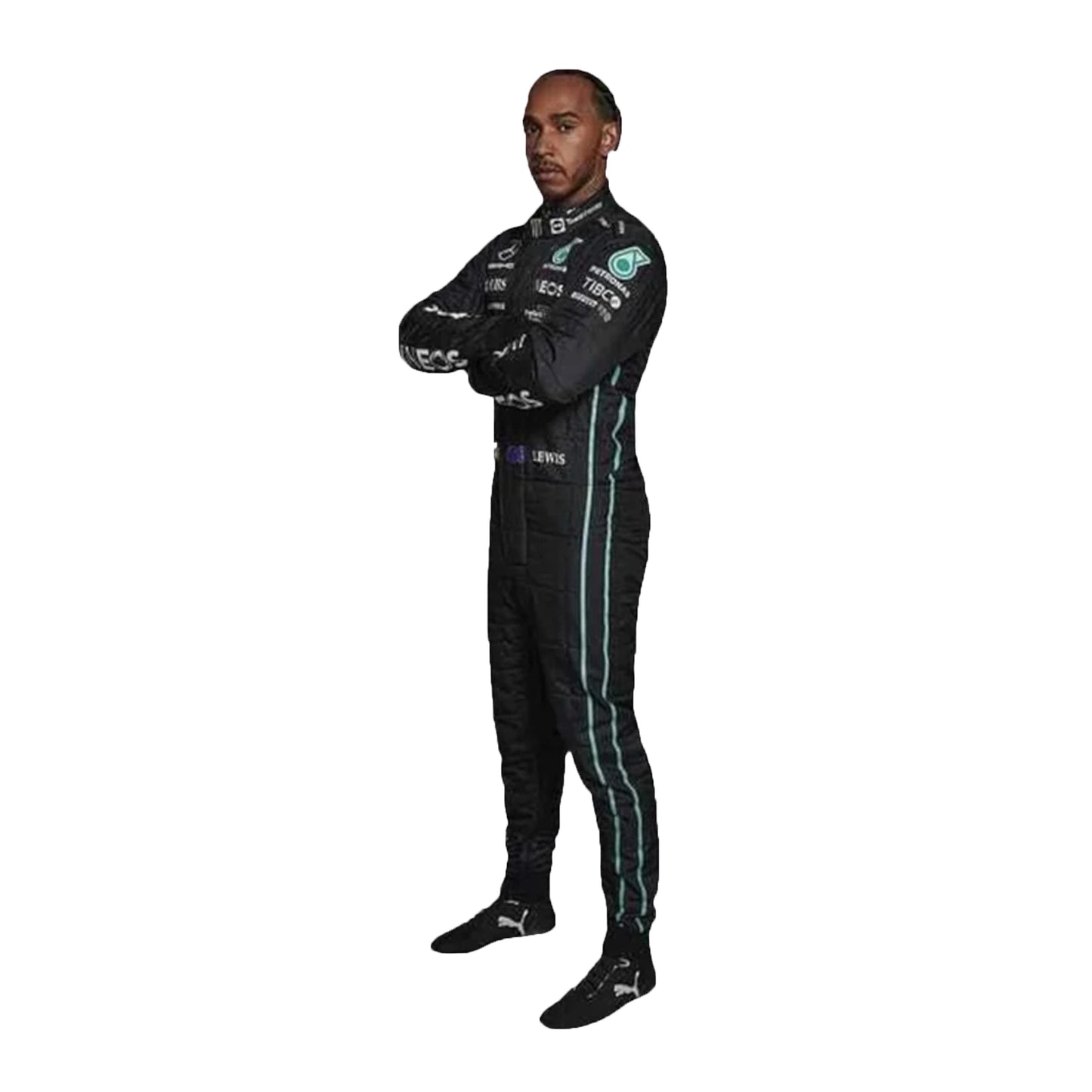 Person wearing a black racing suit with sponsor logos on a white background