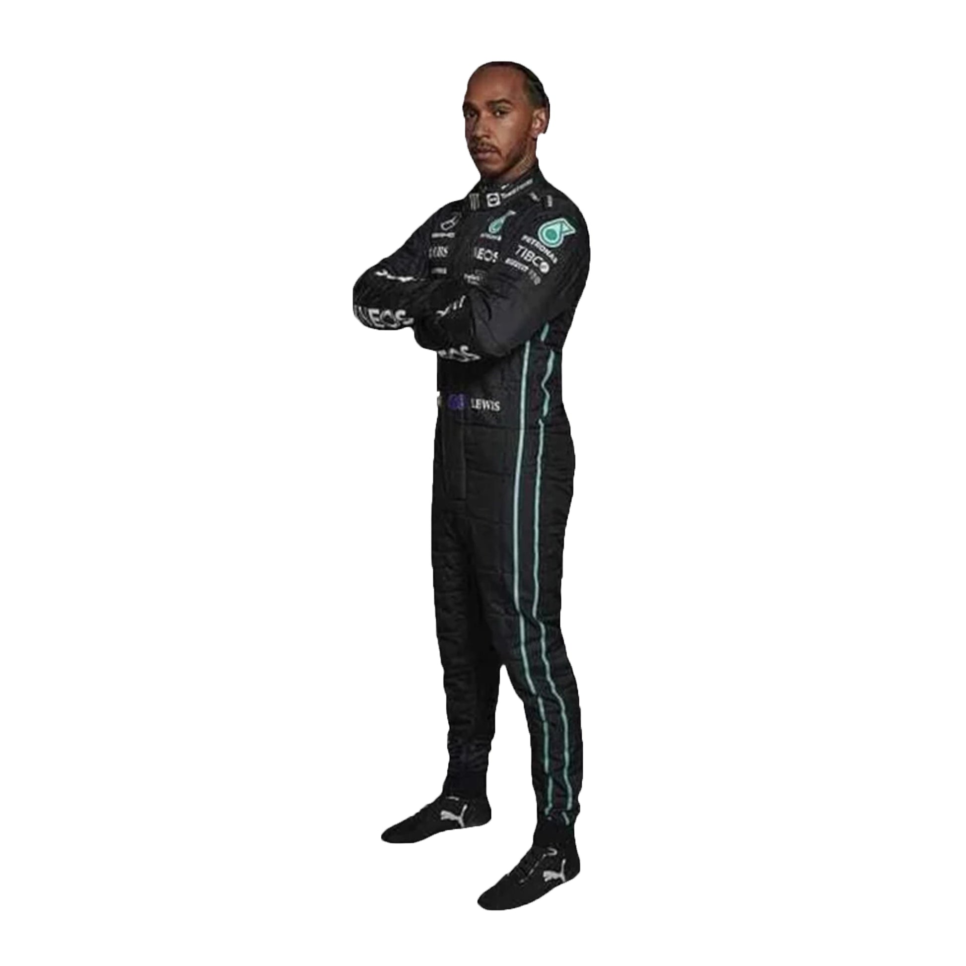 Person wearing a black racing suit with sponsor logos on a white background