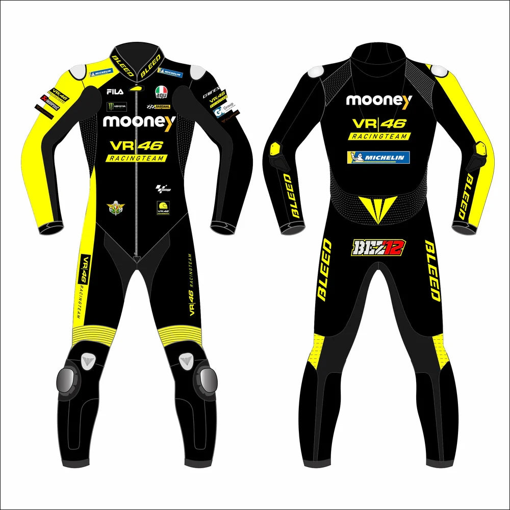 2022 Marco Bezzecchi Mooney VR46 MotoGP leather race suit in black and yellow with CE Level 2 armor, front view