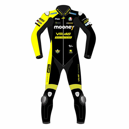2022 Marco Bezzecchi Mooney VR46 MotoGP leather race suit in black and yellow with CE Level 2 armor, front view
