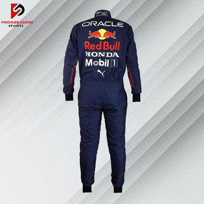 Max Verstappen Red Bull Racing Formula 1 suit featuring the iconic navy blue design with red and yellow accents, adorned with sponsor logos such as Red Bull, Mobil 1, Honda, and Puma.