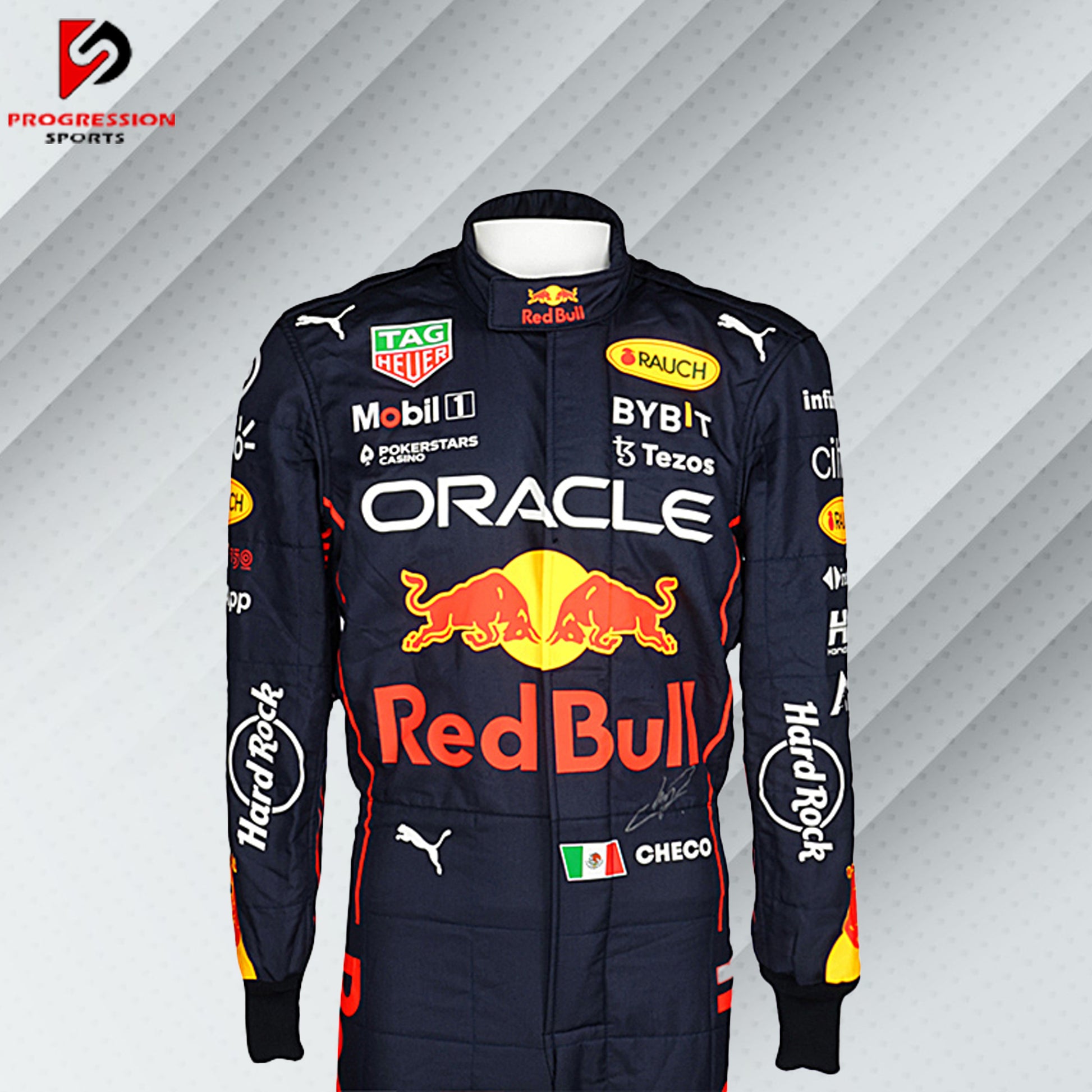 2022 Sergio Perez Red Bull Racing Formula 1 suit featuring the iconic navy blue design with red and yellow accents, adorned with sponsor logos such as Red Bull, Mobil 1, Honda, and Puma.
