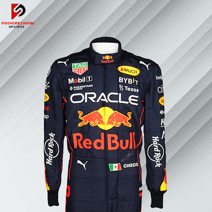 2022 Sergio Perez Red Bull Racing Formula 1 suit featuring the iconic navy blue design with red and yellow accents, adorned with sponsor logos such as Red Bull, Mobil 1, Honda, and Puma.
