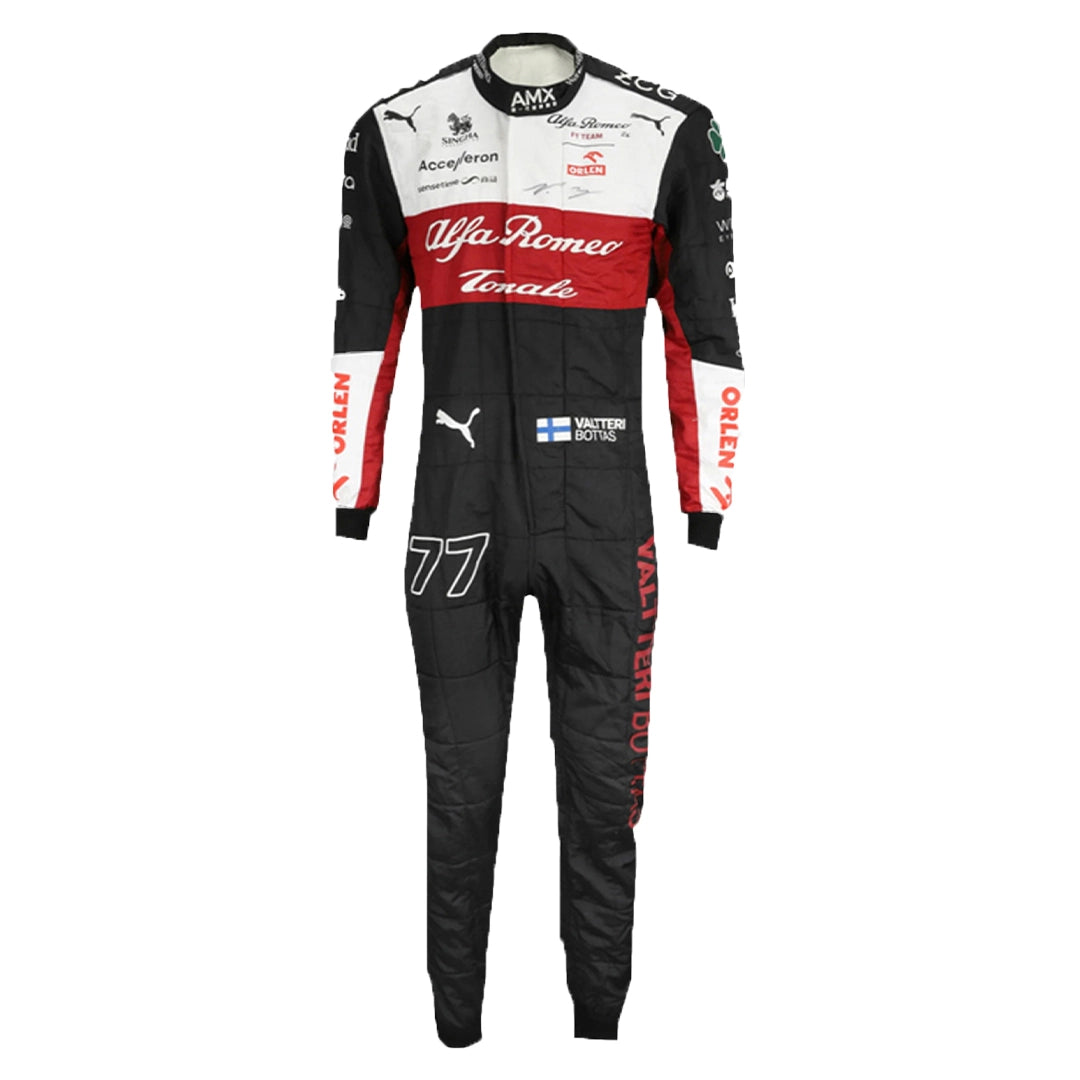 F1 racing suit with multiple brand logos on a white background