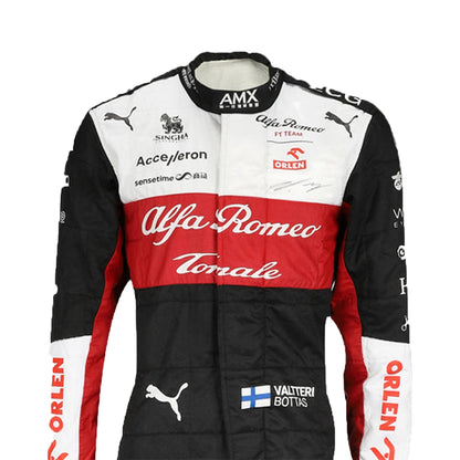 Formula 1 racing suit with multiple brand logos on a white background