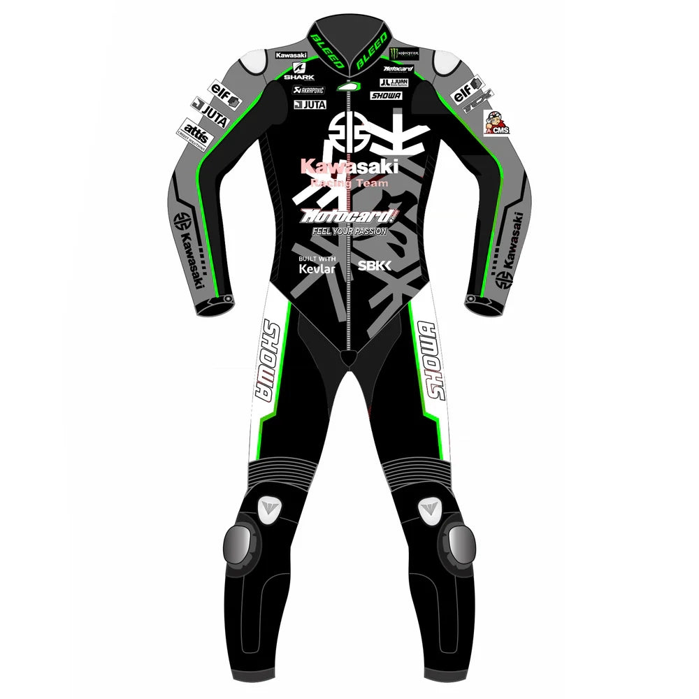 2023 Alex Lowes WSBK leather racing suit front view Kawasaki Ninja winter test grey black lime green graphics