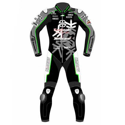 2023 Alex Lowes WSBK leather racing suit front view Kawasaki Ninja winter test grey black lime green graphics