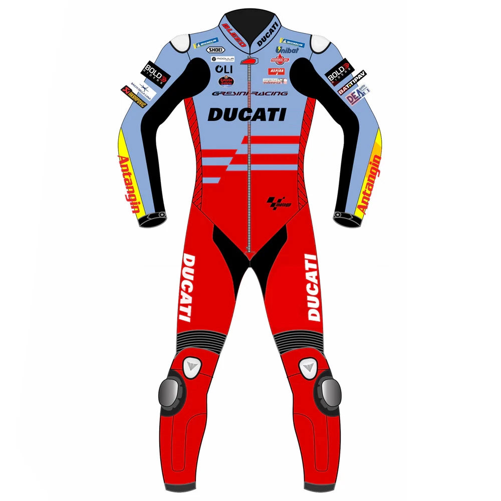 2023 Alex Marquez MotoGP leather racing suit front view powder blue red Gresini Ducati graphics