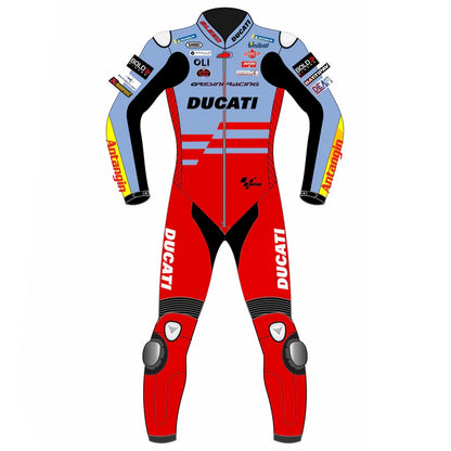 2023 Alex Marquez MotoGP leather racing suit front view powder blue red Gresini Ducati graphics