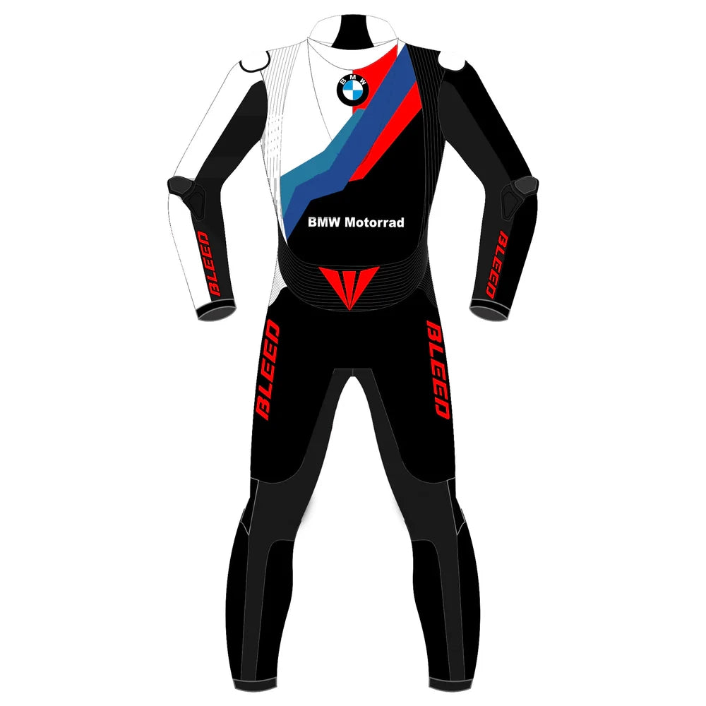 2023 BMW Motorrad leather racing suit front view white black M Motorsport tri-color graphics
