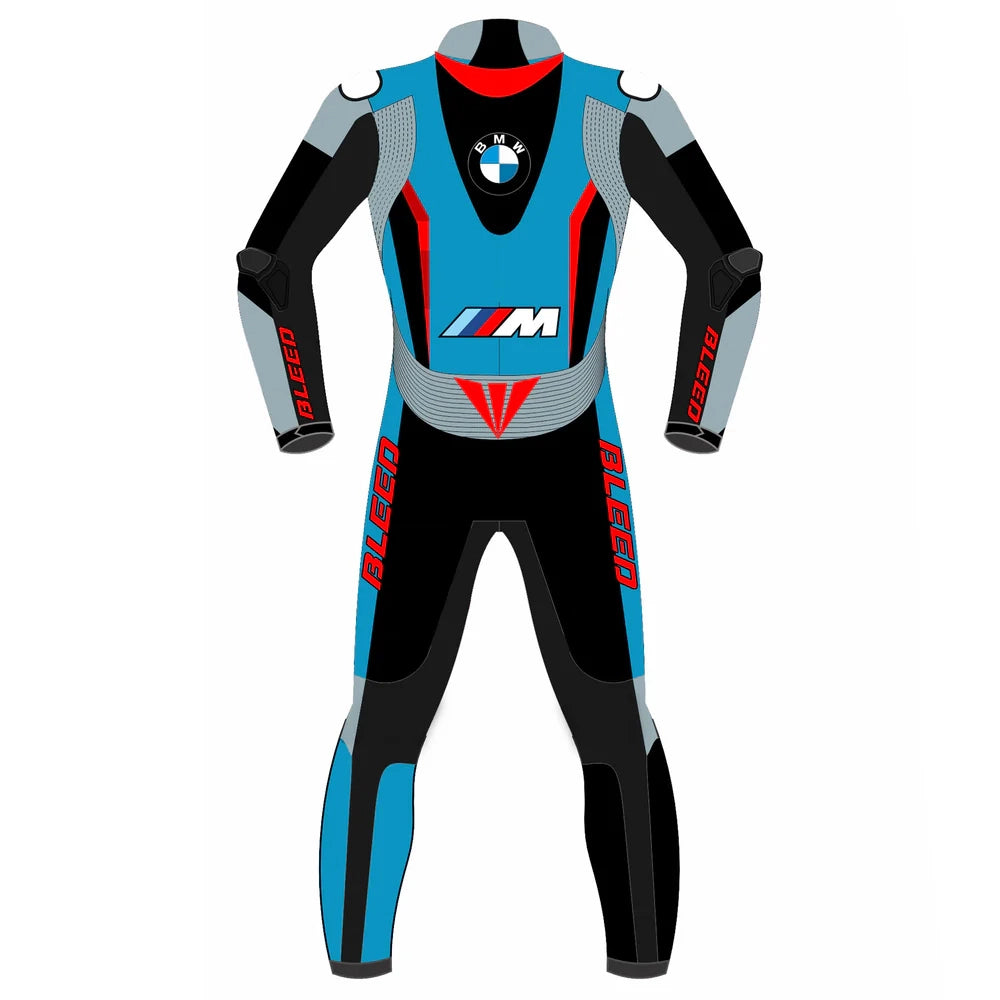 2023 BMW Pro Race Superbike leather racing suit front view electric blue black M logo graphics