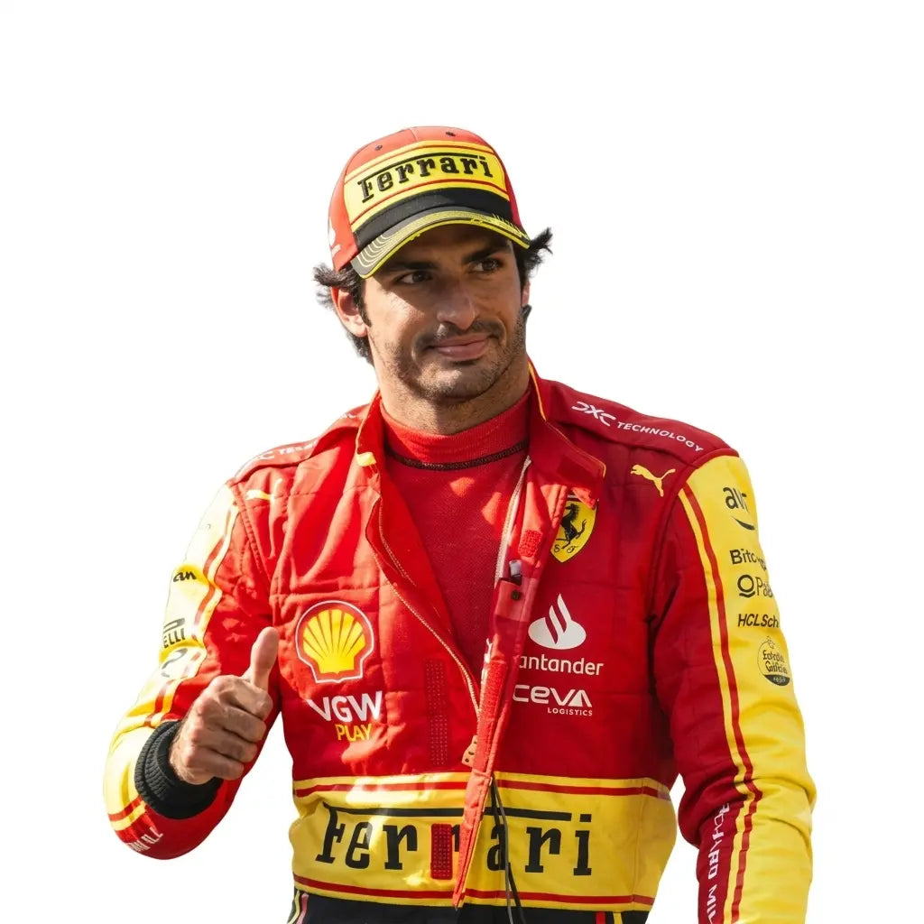 2023 Carlos Sainz Monza GP Special Edition Ferrari F1 Race Suit featuring yellow chest blocking, black lower legs, Spanish flag waist badge, and driver number 55