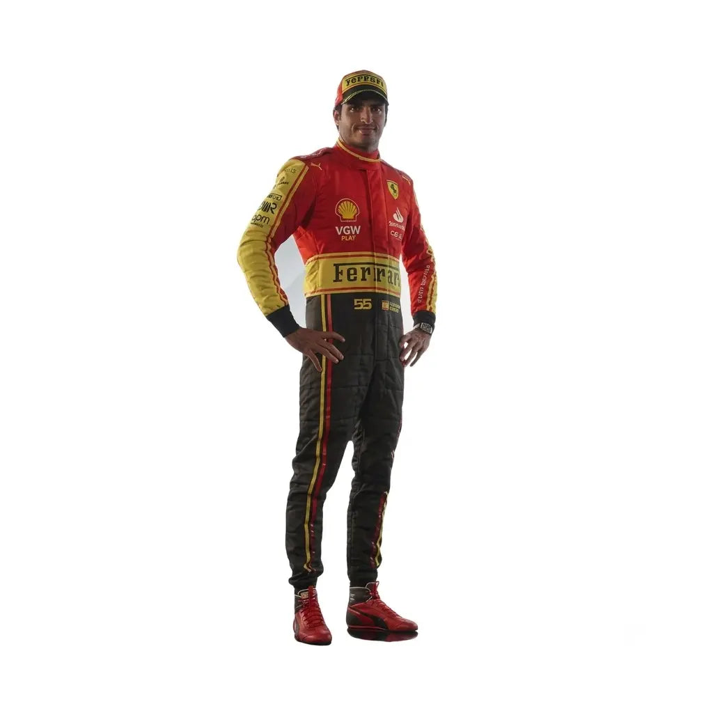 2023 Carlos Sainz Monza GP Special Edition Ferrari F1 Race Suit featuring yellow chest blocking, black lower legs, Spanish flag waist badge, and driver number 55