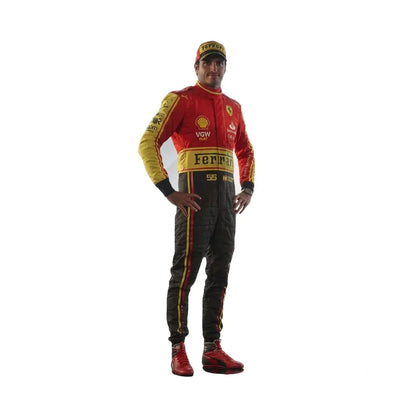 2023 Carlos Sainz Monza GP Special Edition Ferrari F1 Race Suit featuring yellow chest blocking, black lower legs, Spanish flag waist badge, and driver number 55