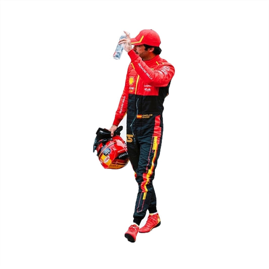 2023 Carlos Sainz Spain GP Ferrari F1 Race Suit featuring yellow shoulder striping, Spanish flag waist badge, and driver number 55