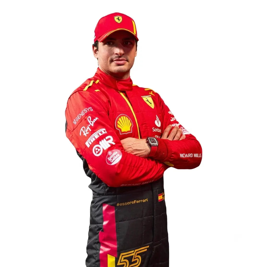 2023 Carlos Sainz Spain GP Ferrari F1 Race Suit featuring yellow shoulder striping, Spanish flag waist badge, and driver number 55