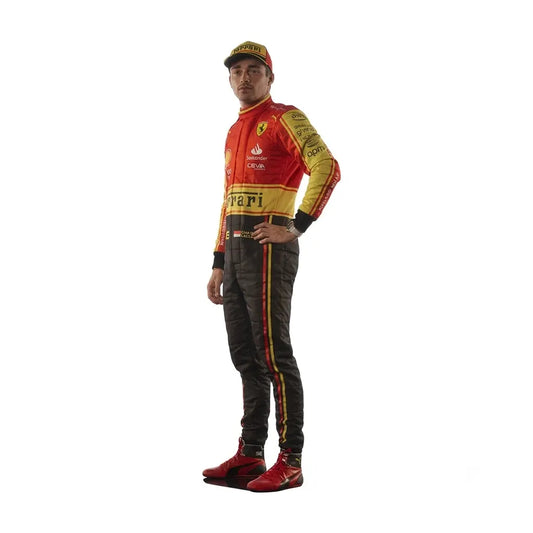 2023 Charles Leclerc Monza GP Special Edition Ferrari F1 Race Suit featuring yellow chest blocking, black lower legs, and driver number 16