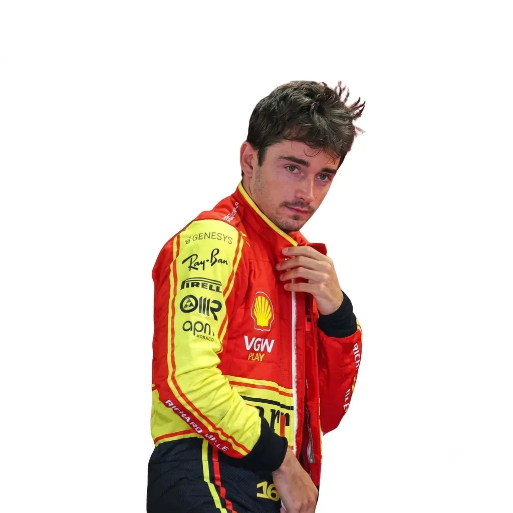 2023 Charles Leclerc Monza GP Special Edition Ferrari F1 Race Suit featuring yellow chest blocking, black lower legs, and driver number 16