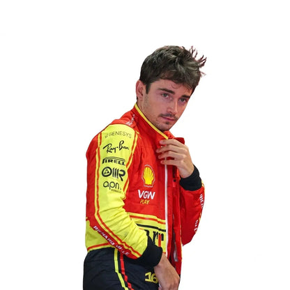 2023 Charles Leclerc Monza GP Special Edition Ferrari F1 Race Suit featuring yellow chest blocking, black lower legs, and driver number 16