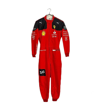 2023 Charles Leclerc Red F1 Race Suit front view featuring black shoulder blocking, full team sponsor graphics, and driver number 16