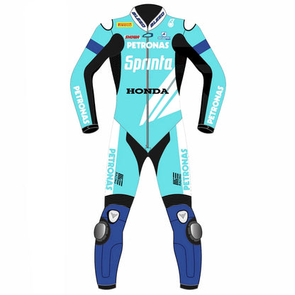 2023 Eric Granado WorldSBK leather racing suit front view turquoise blue Petronas MIE Honda graphics