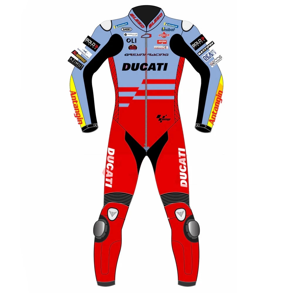 2023 Fabio Di Giannantonio MotoGP leather racing suit front view powder blue red Gresini Ducati graphics