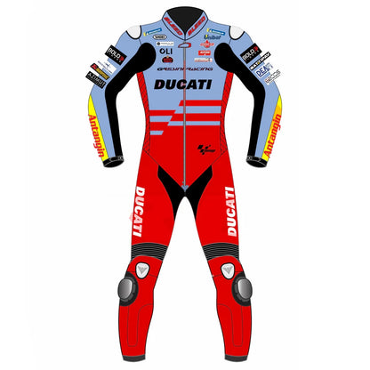 2023 Fabio Di Giannantonio MotoGP leather racing suit front view powder blue red Gresini Ducati graphics