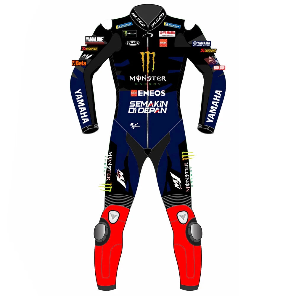 2023 Fabio Quartararo MotoGP leather racing suit front view black blue Monster Energy Yamaha graphics red knees